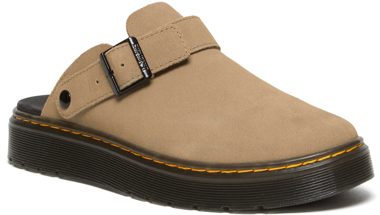 Tan-colored clog with an adjustable buckled strap across the vamp and a thick black sole with yellow stitching.
