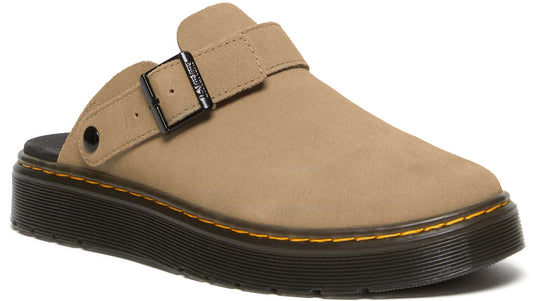 Tan-colored clog with an adjustable buckled strap across the vamp and a thick black sole with yellow stitching.