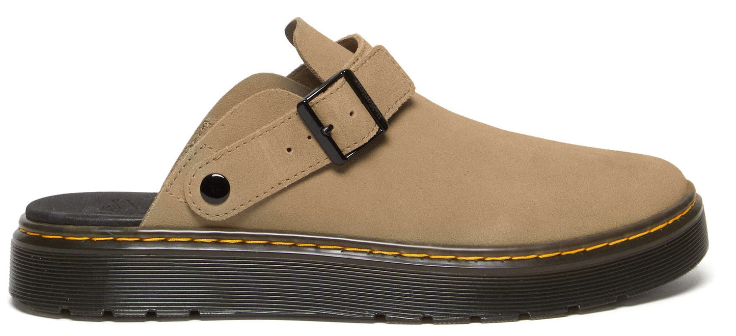 Taupe Dr. Martens mule with black buckle and sole.