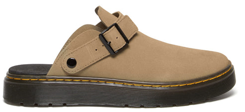 Taupe Dr. Martens mule with black buckle and sole.