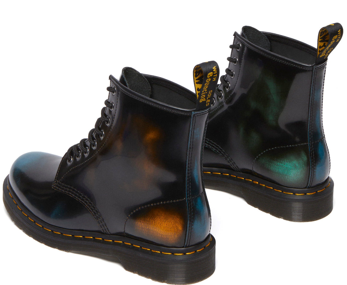 Pair of black boots with yellow stitching and pull tabs, showing color highlights of blue and orange.