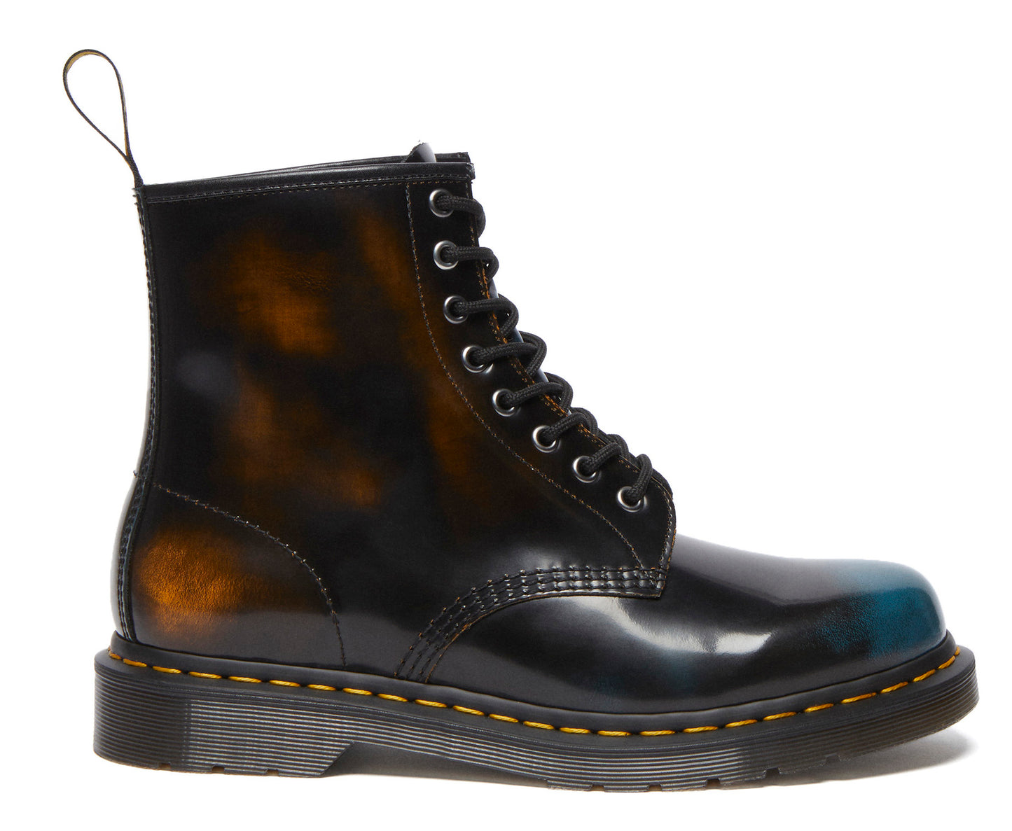 Black leather boot with yellow stitching and color variations.