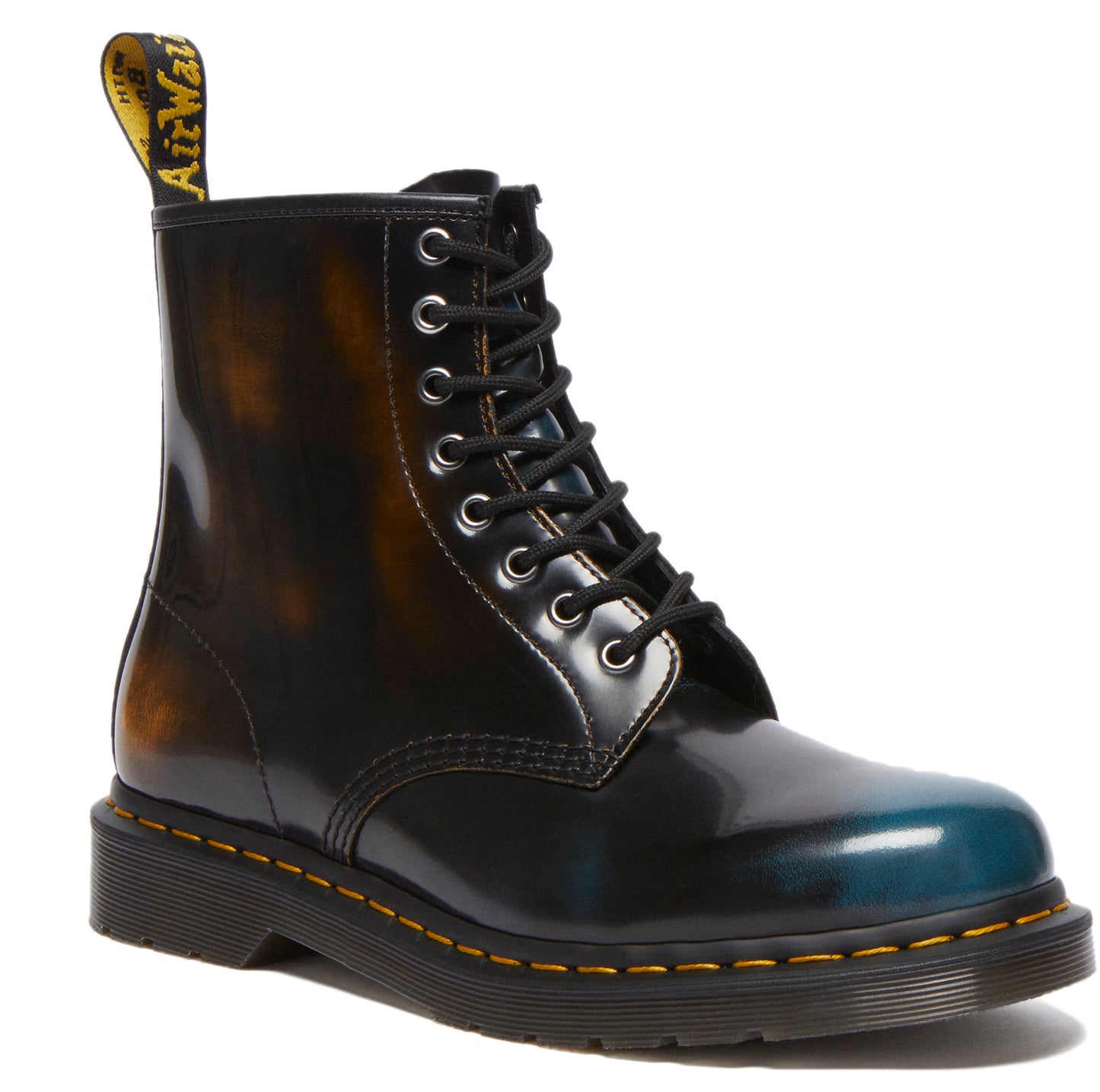 A glossy black ankle boot with yellow and turquoise accents and a yellow pull loop.