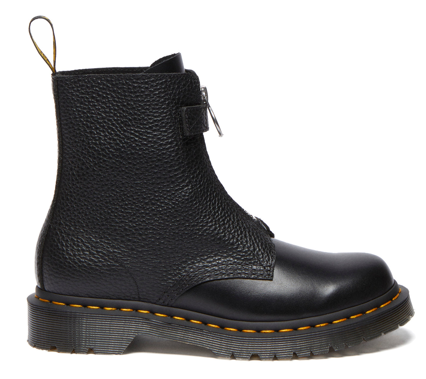 Black leather boot with a front zipper and yellow stitching around the sole.