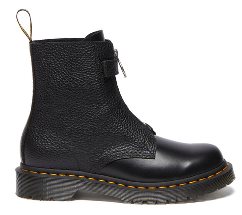 Black leather boot with a front zipper and yellow stitching around the sole.