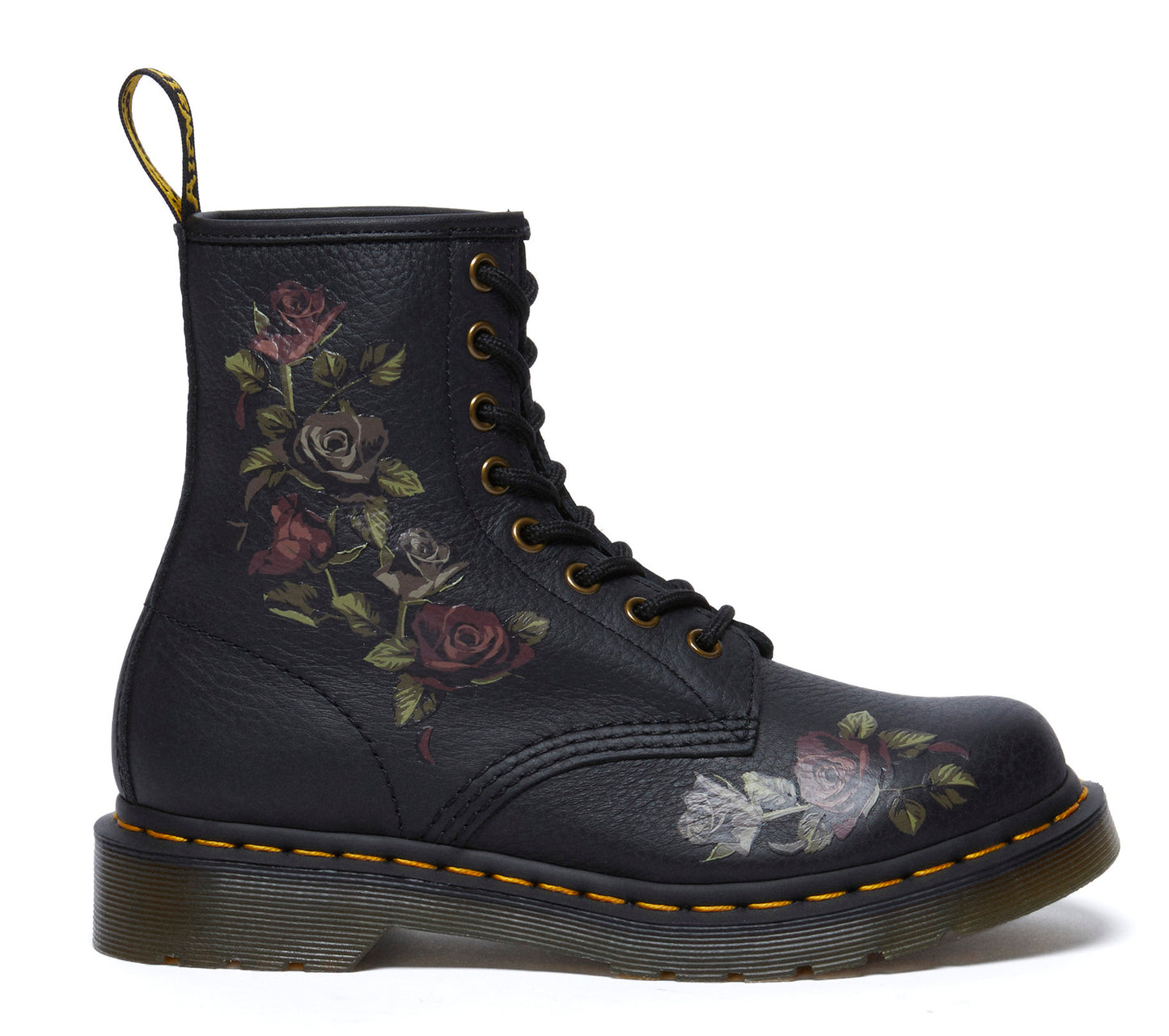 Black lace-up boot with rose floral pattern