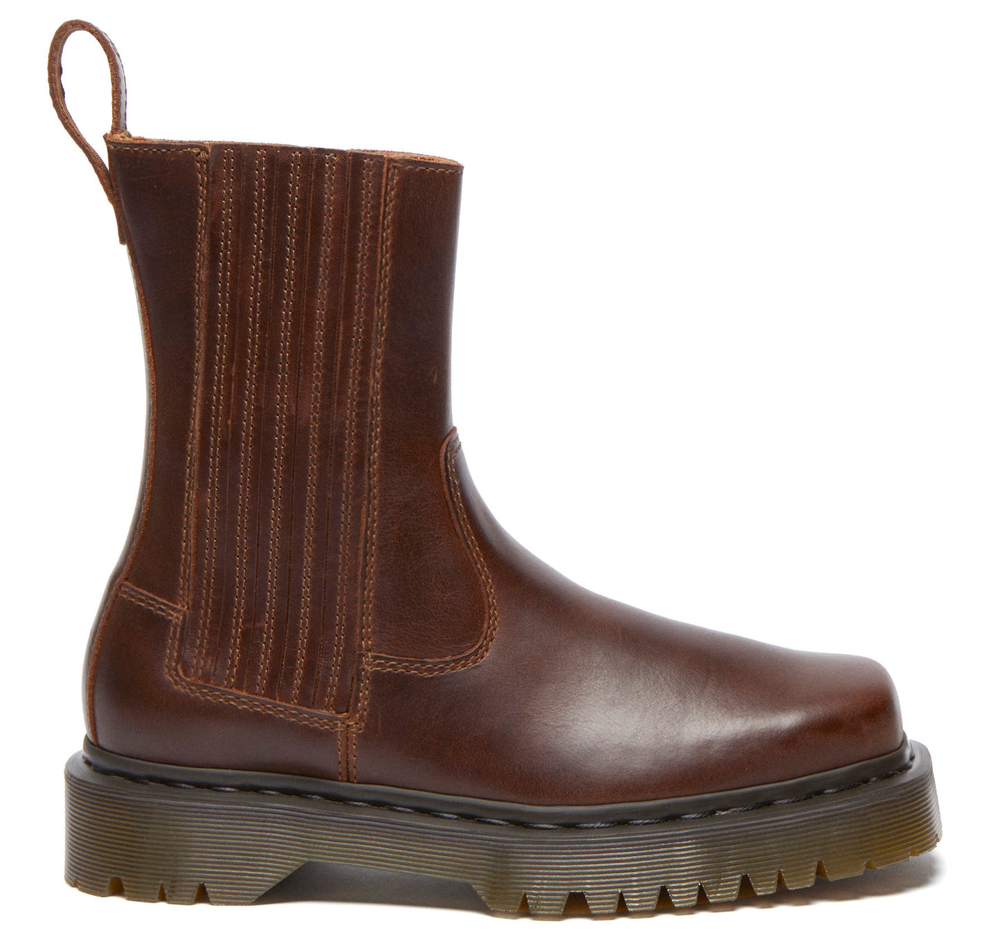 Brown ankle boot with elastic side panels and a thick lug sole.