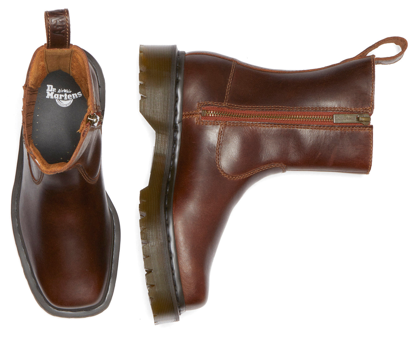 Pair of brown leather boots with zippers.