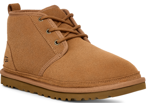Brown suede chukka boot with laces and lug sole.