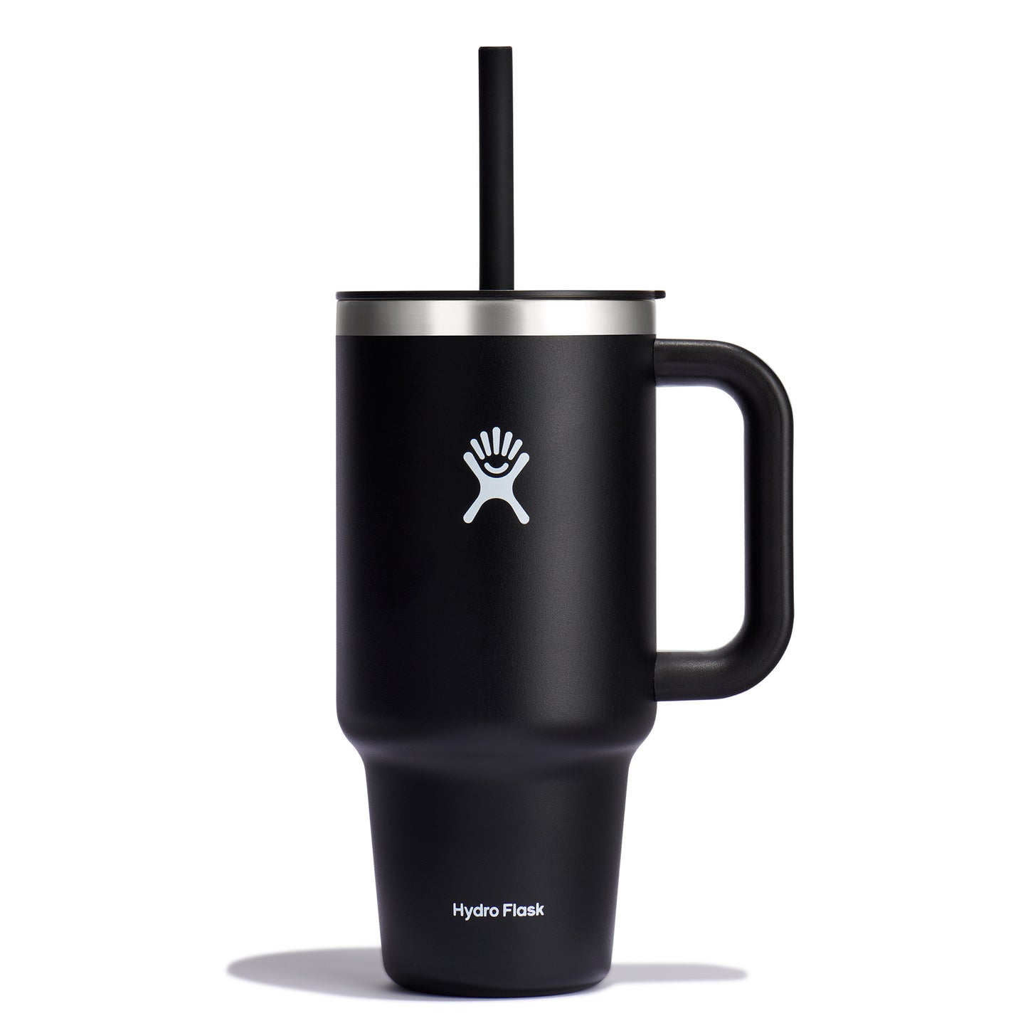 Black insulated mug with handle and straw, with a white logo of a person near a palm tree, and the words "Hydro Flask" near the bottom.
