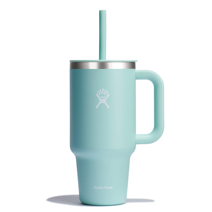 Light blue insulated mug with handle, straw, and logo.