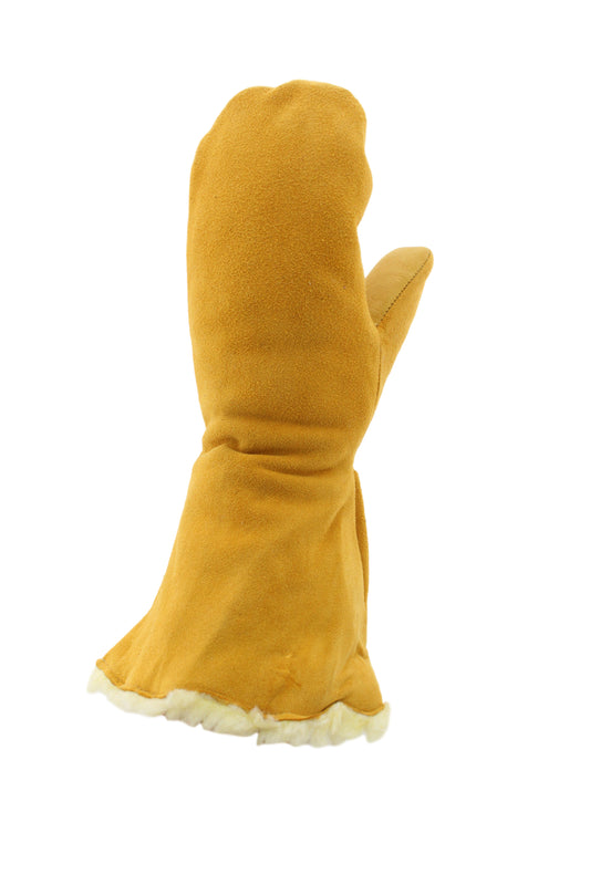 Yellow mitten with fur trim.
