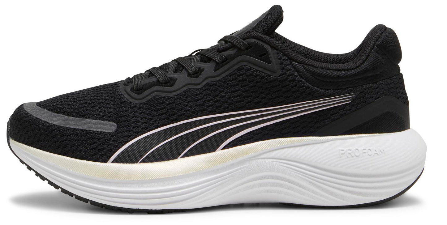 A black running shoe with white sole featuring a curved white stripe design.