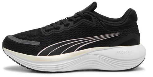 A black running shoe with white sole featuring a curved white stripe design.