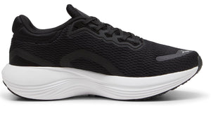 Black running shoe with a white sole and a breathable mesh upper.