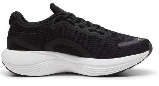Black running shoe with a white sole and a breathable mesh upper.
