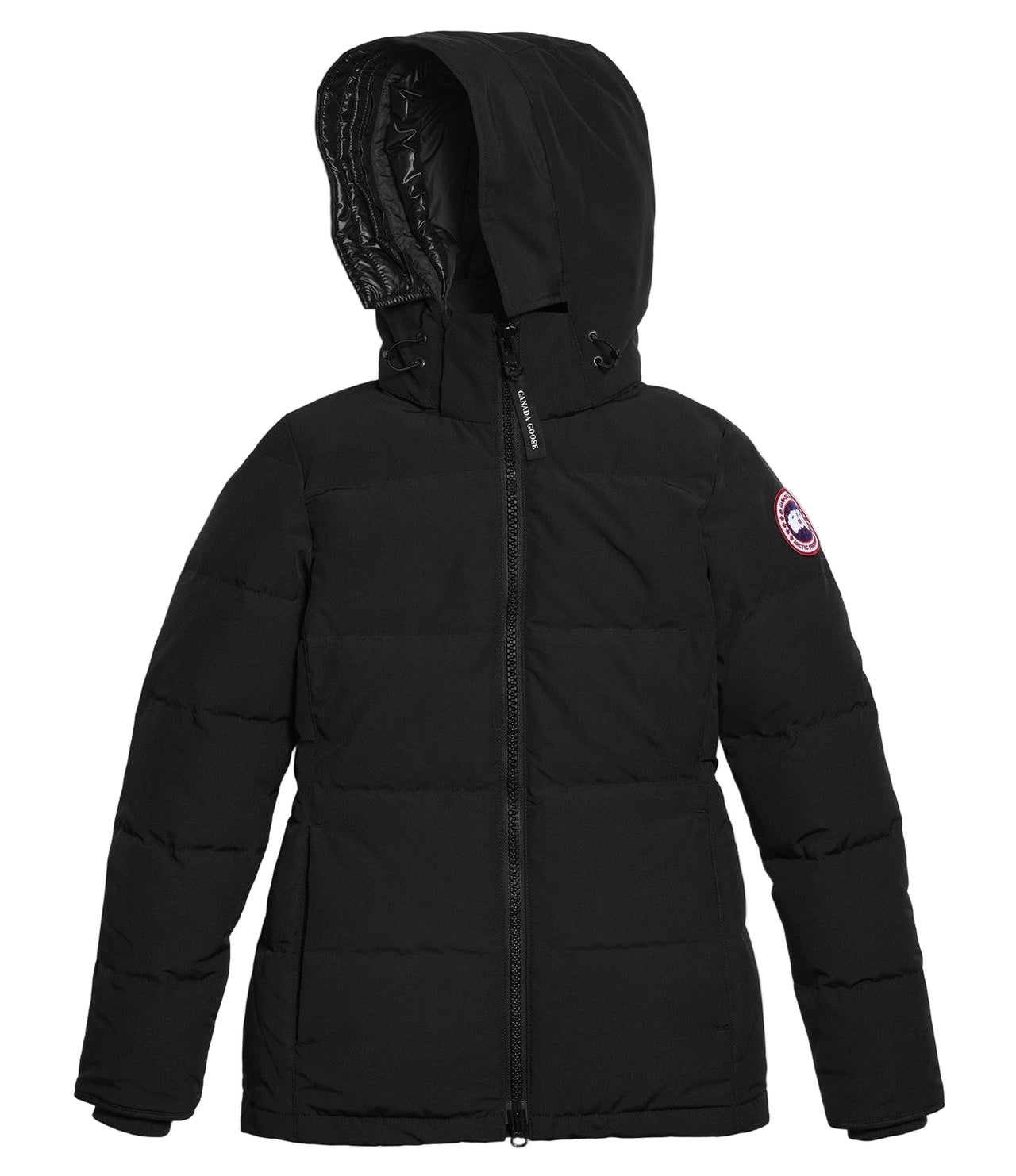 Black, puffy, zip-up winter jacket with a hood.