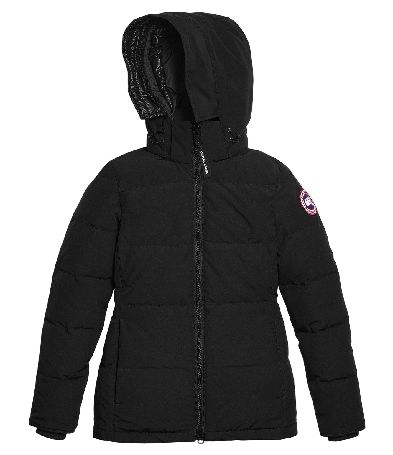 Black, puffy, zip-up winter jacket with a hood.