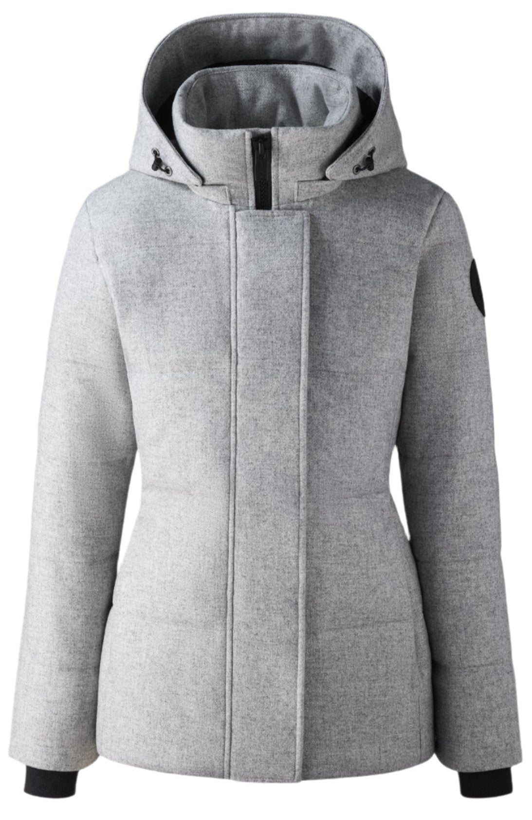 Light grey hooded winter jacket.