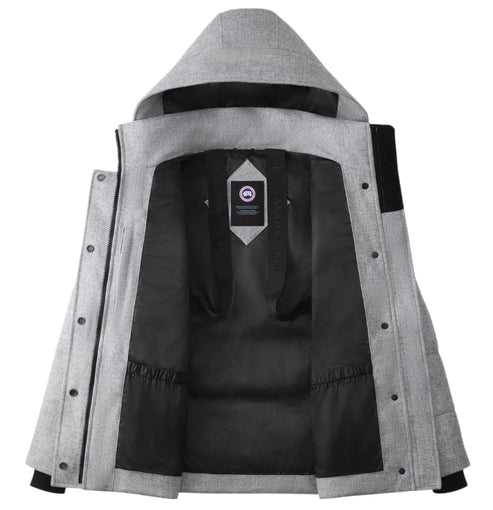 Open grey hooded coat with logo tag on the inside.