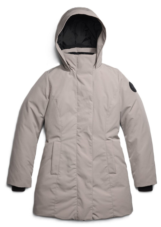 Beige winter parka with a hood.