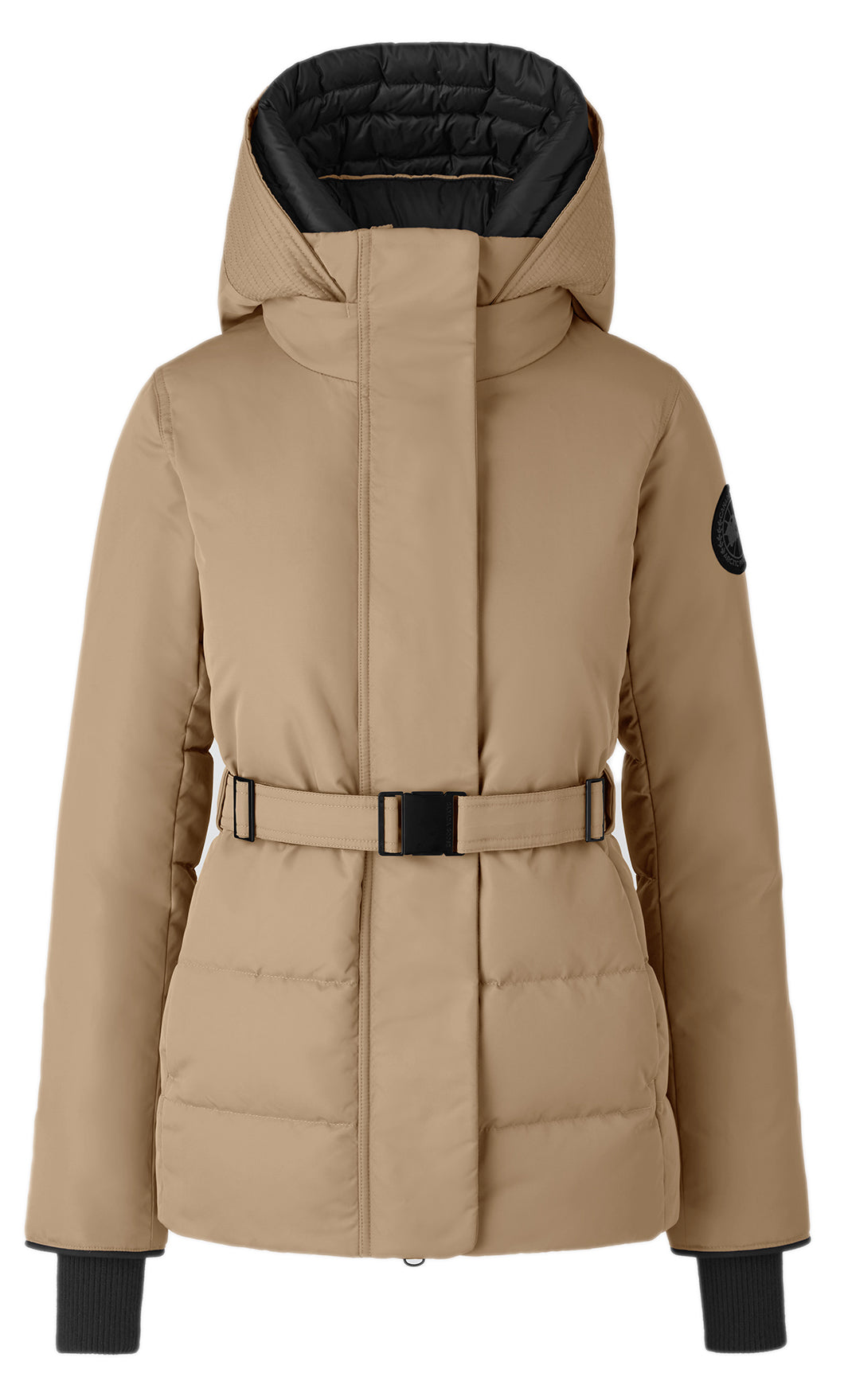 Tan parka coat with a hood and a black belted waist.