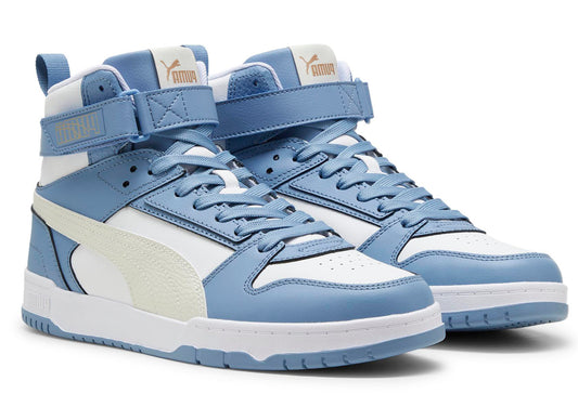 Pair of high-top sneakers in light blue and white with a strap around the ankle.