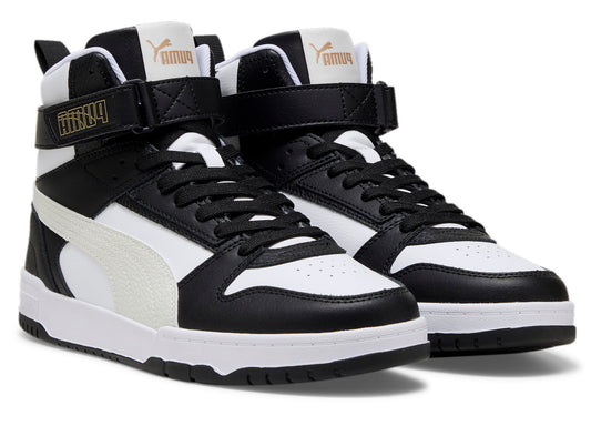 Pair of high-top shoes, black and white with a strap and logo.