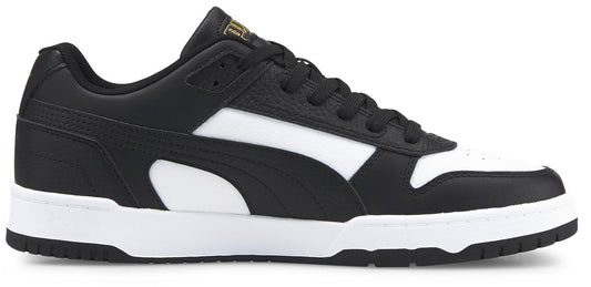 A black and white low top sneaker with black laces and a white stripe.
