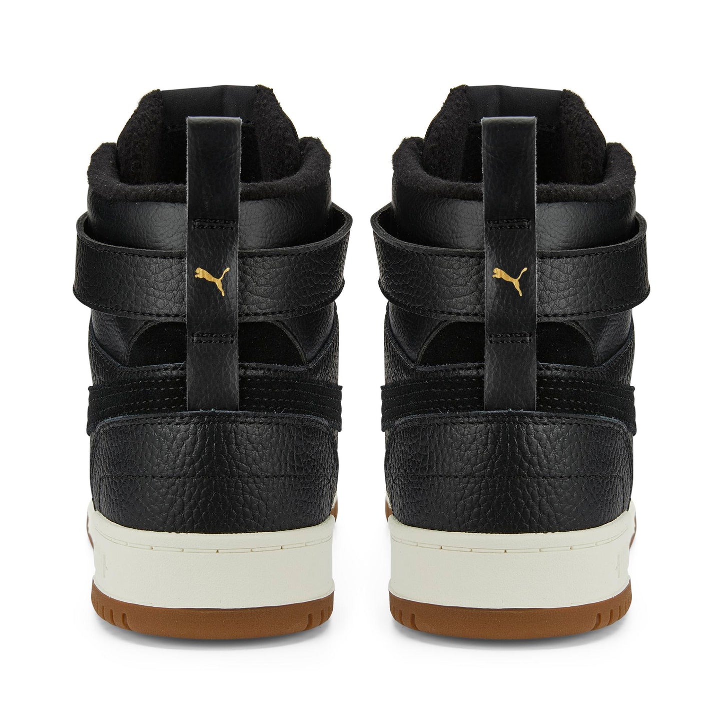 Back view of black high top sneakers with brown soles and gold accents.