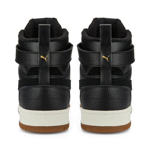 Back view of black high top sneakers with brown soles and gold accents.