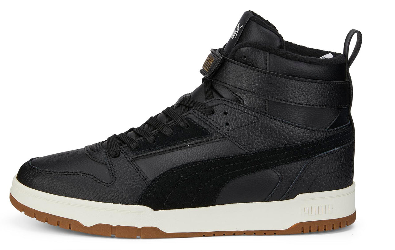 Black high-top sneaker with a strap, black laces, and a white and brown sole.
