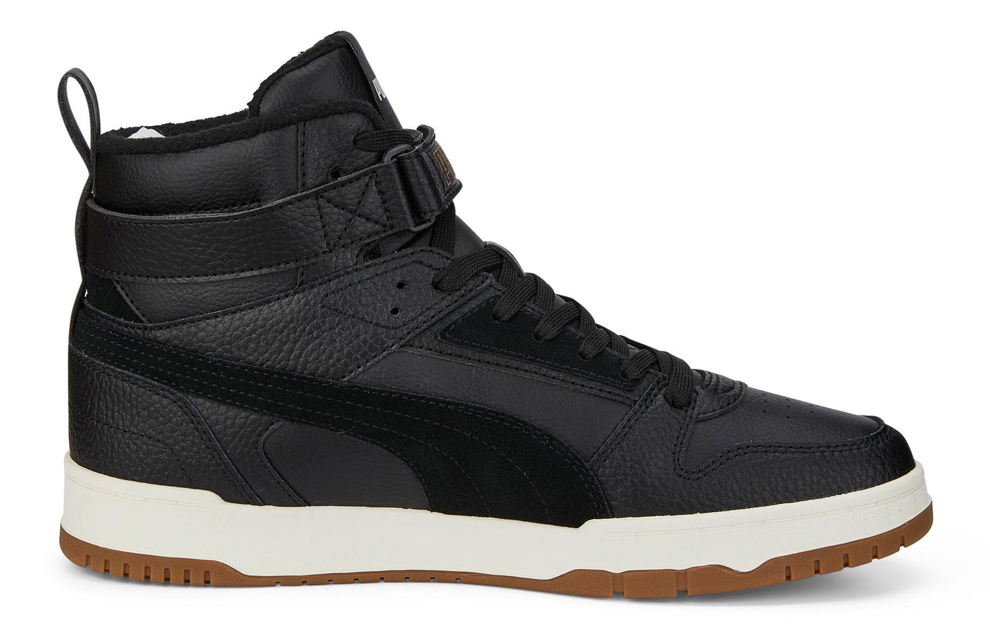 Black high-top sneaker with a buckle strap.