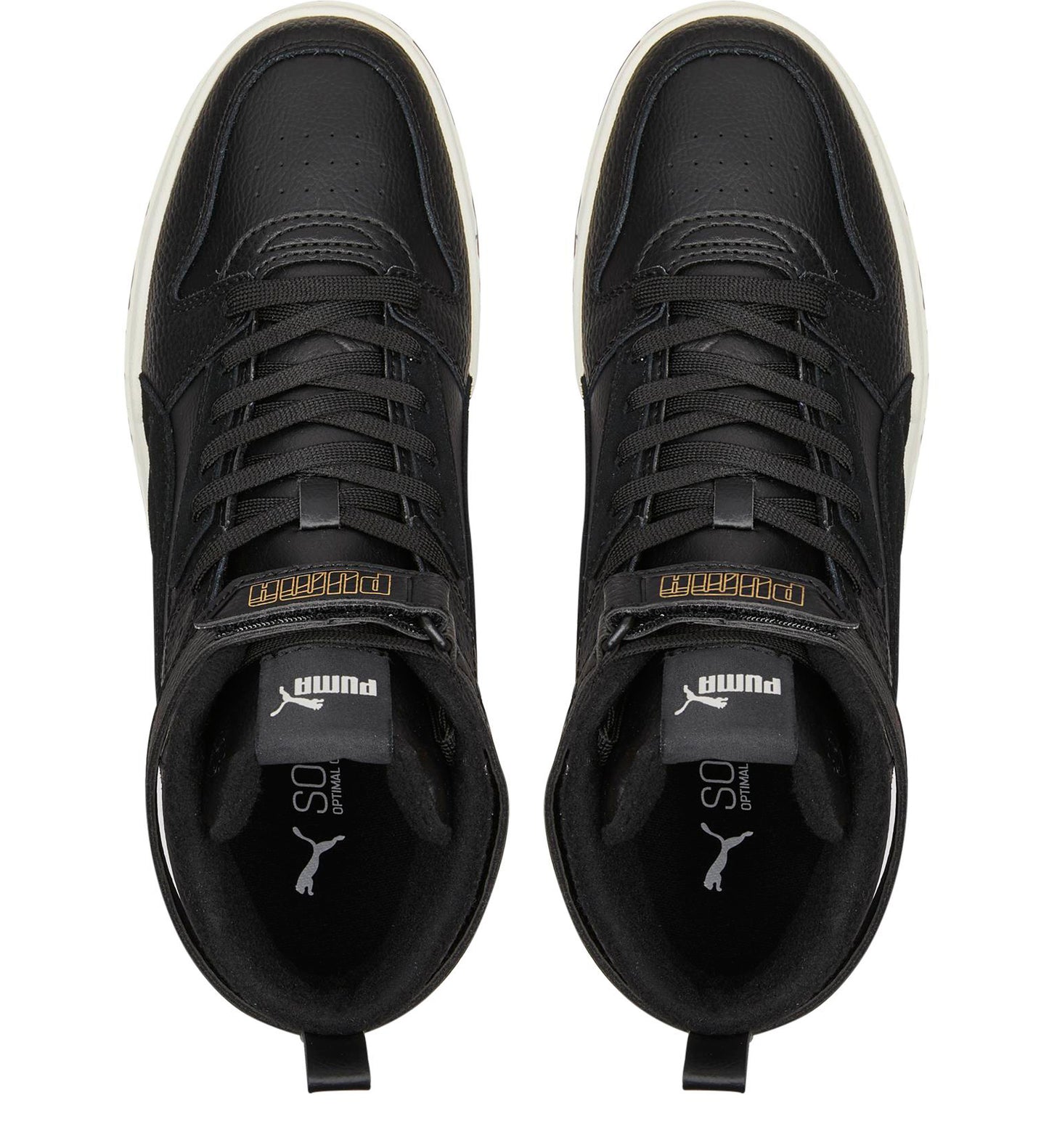 Top-down view of two black high-top sneakers with white soles and laces; "PUMA" and the cat logo are printed on the tongue.