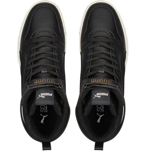 Top-down view of two black high-top sneakers with white soles and laces; "PUMA" and the cat logo are printed on the tongue.