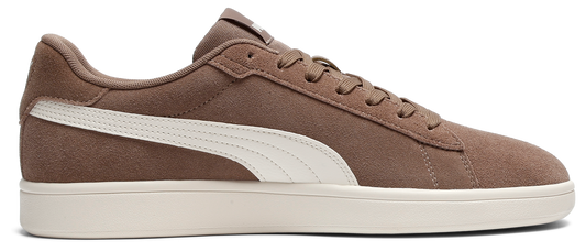 A brown suede sneaker with a white stripe and white sole.