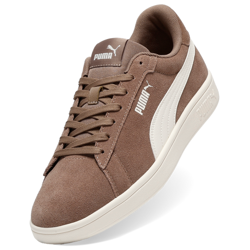 Low-top brown suede sneaker with white stripe and text.
