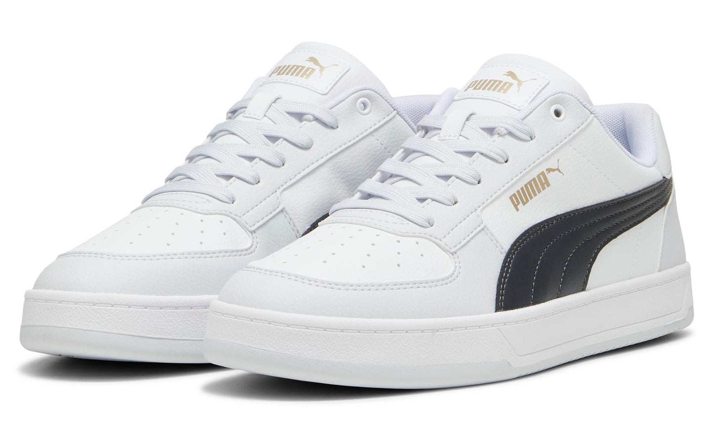 Pair of white sneakers with a black stripe and gold-colored logo on the side.