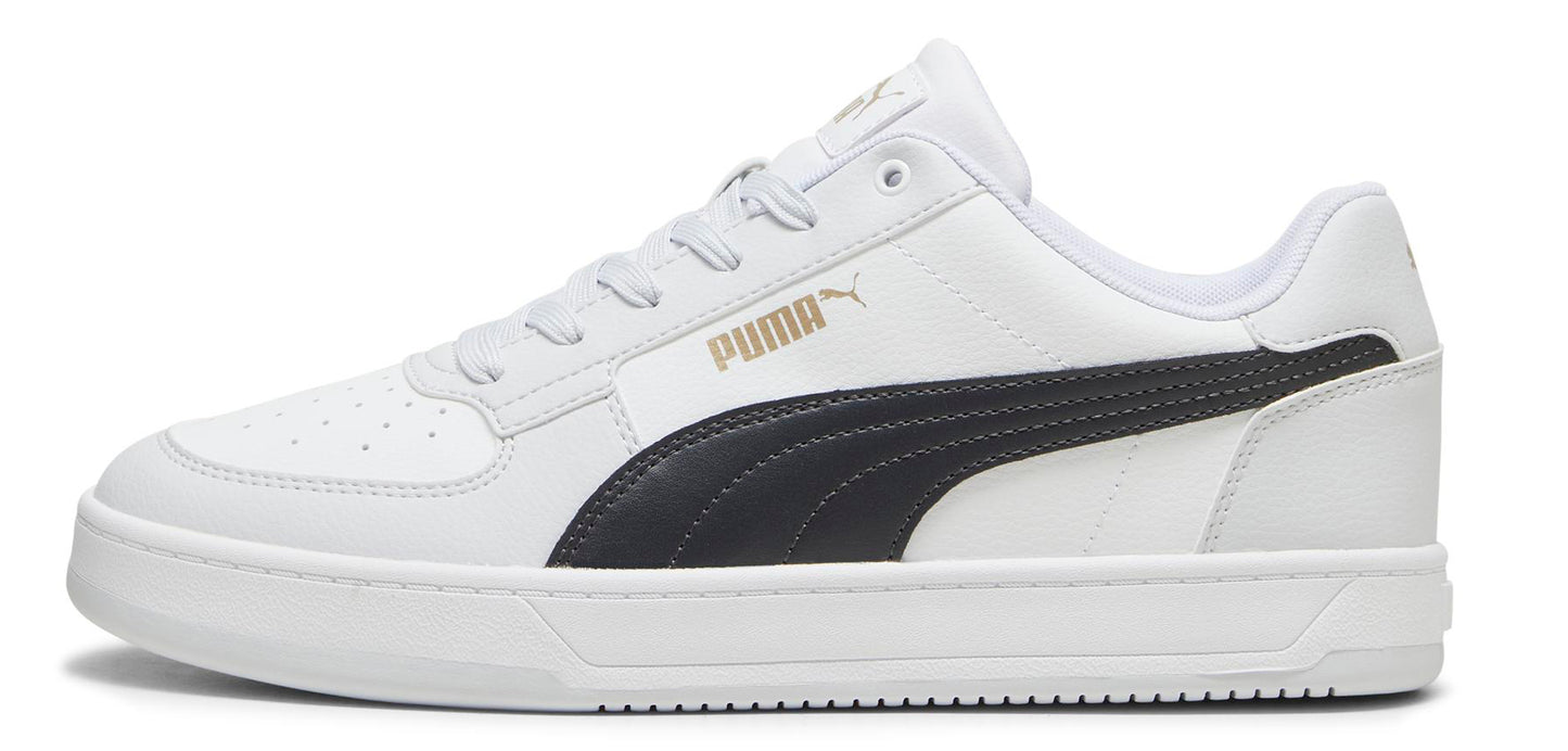 White sneaker with black stripe and gold "PUMA" logo.