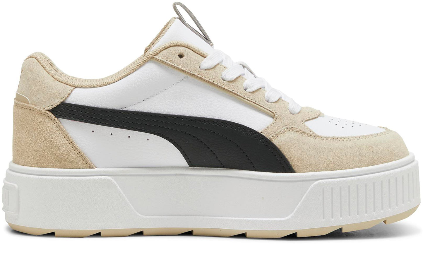 Low-profile sneaker with a thick, ridged white sole; white upper with tan suede trim and a black swoosh.
