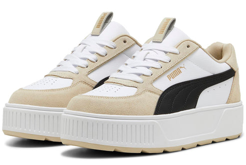 A pair of white sneakers with a black stripe on a thick white platform sole.