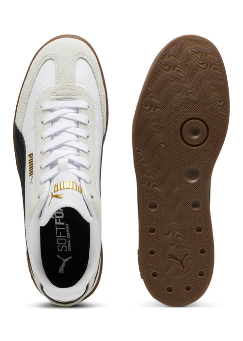 Top and bottom view of a white sneaker with gold text and laces; soft foam interior.