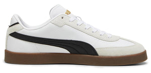 A white sneaker with a black stripe on a brown sole.