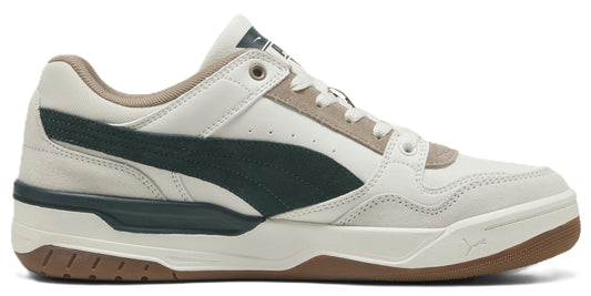 A sneaker with white and green accents and a brown sole.