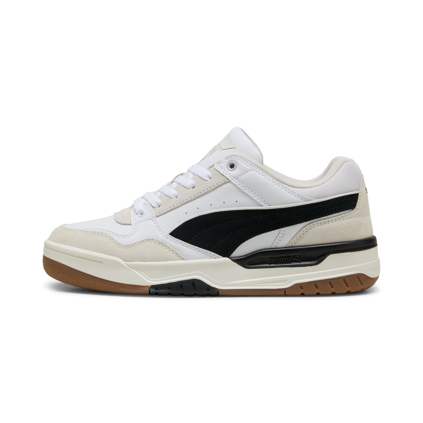 A low-top white sneaker with a black swoosh on a brown sole.