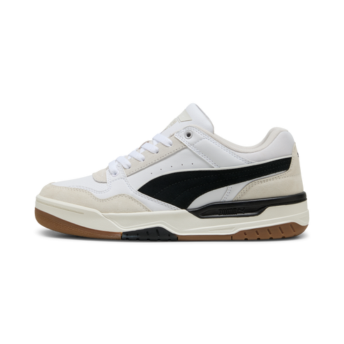 A low-top white sneaker with a black swoosh on a brown sole.
