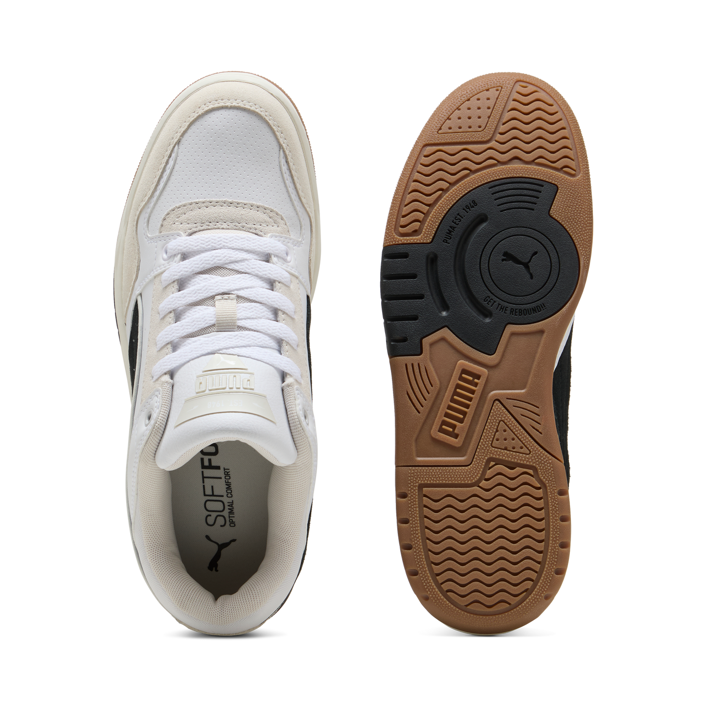 Overhead view of white tennis shoes, showing shoelaces and insole, with the outsole showing a PUMA logo and tread.
