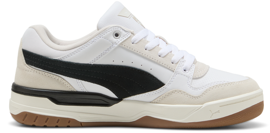 A white sneaker with black accents and a gum sole.