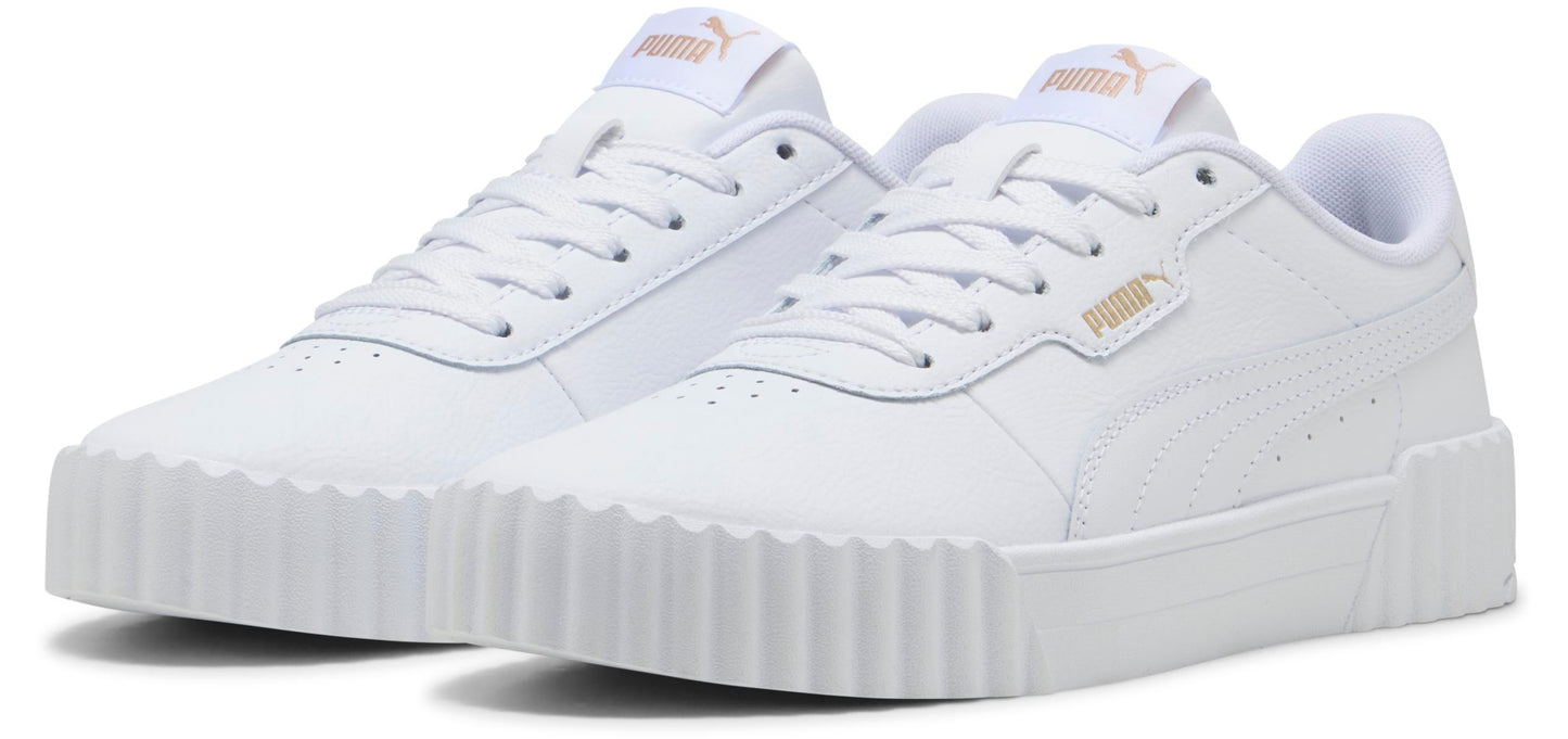 A pair of white sneakers with a ribbed sole.