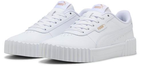 A pair of white sneakers with a ribbed sole.